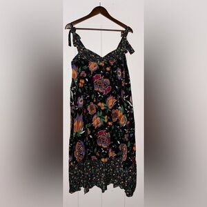 Maison Jules Women Black Floral Spaghetti‎ Strap V Neck Midi Shift Dress Large